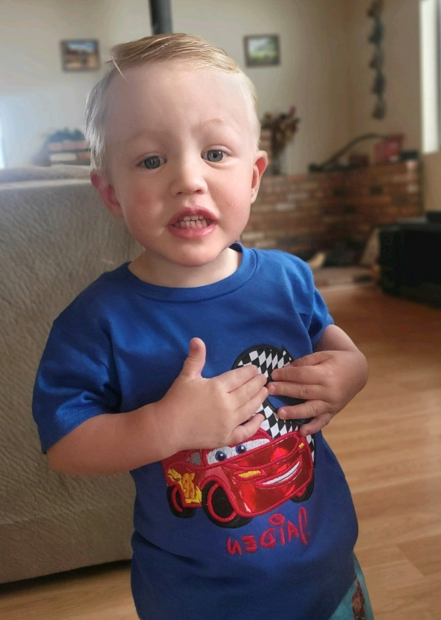 Cars Birthday Shirt, Race Car Custom Kids Shirt, Car Applique Embroidered T-Shirt, Personalized T-Shirt