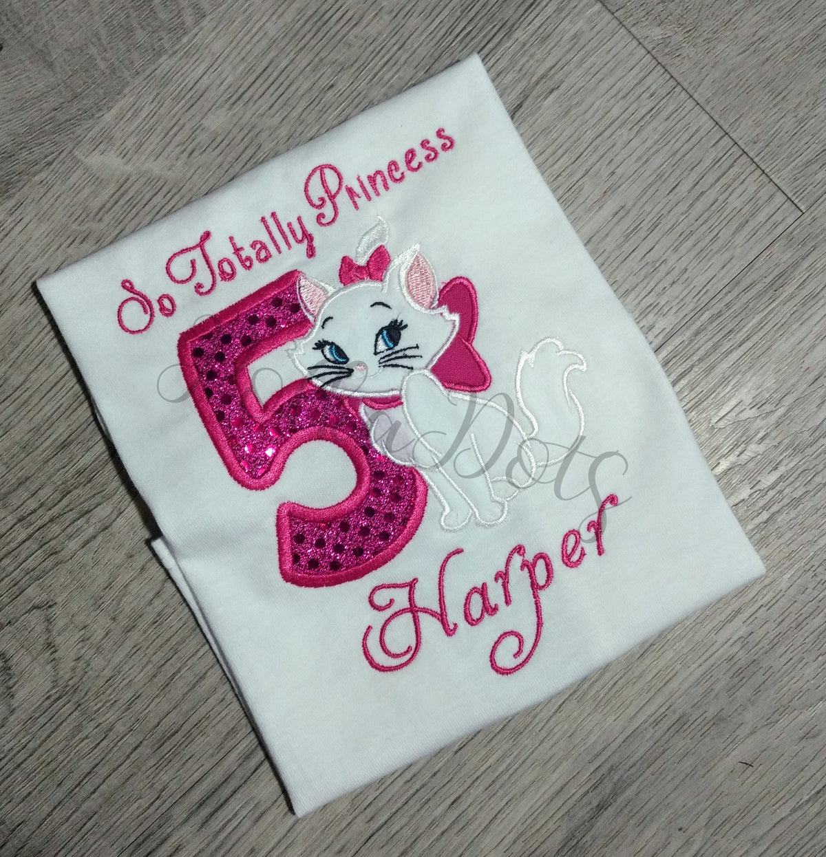 White Princess Kitty Birthday Shirt, Pretty in Pink Birthday Shirt, Marie Applique Embroidered T-Shirt, Personalized T-Shirt