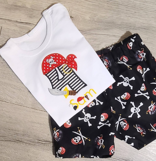 Pirate Birthday Shirt with shorts, Pirate Number Birthday Shirt, Birthday Shorts, Applique T-Shirt, Personalized T-Shirt