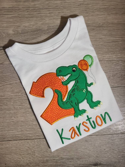Dinosaur Birthday Shirt, T-Rex Dinosaur Custom Kids Shirt, Dinosaur Applique Embroidered T-Shirt, Personalized T-Shirt