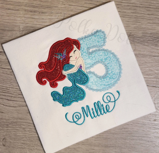 Mermaid Birthday Shirt, Mermaid Custom Birthday Shirt, Mermaid Applique Embroidered T-Shirt, Personalized T-Shirt