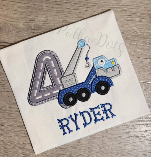 Tow truck dinosaur Birthday Shirt, Tow Truck Custom kids Shirt, Dinosaur Applique Embroidered T-Shirt, Personalized T-Shirt