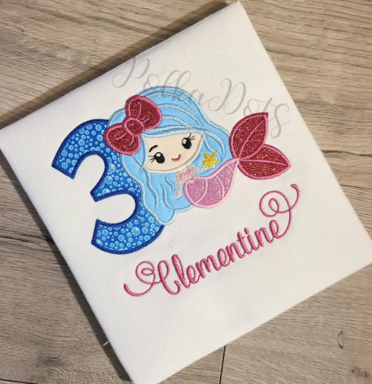 Little Mermaid Birthday Shirt, Mermaid Applique Embroidered T-Shirt, Personalized T-Shirt