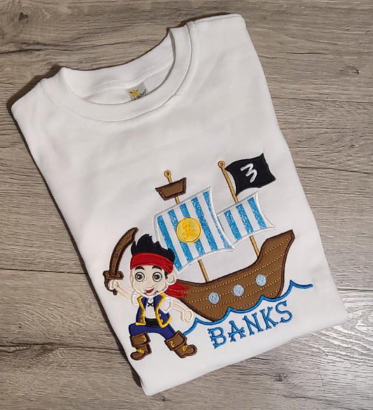 Jake the pirate, Bucky the Pirate Ship Wings Birthday Shirt, Pirate Ship Custom kids Shirt, Pirate Ship Applique Embroidered T-Shirt, Personalized T-Shirt