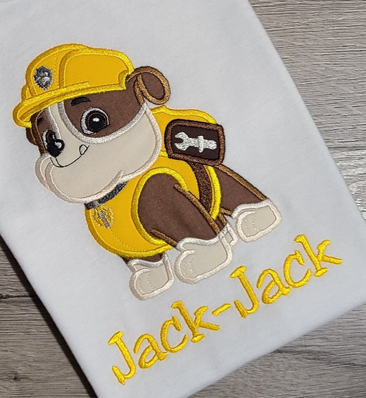 Rubble Applique Shirt, Rubble Embroidered Custom Kids Shirt, Paw Patrol Applique Embroidered T-Shirt, Personalized T-Shirt