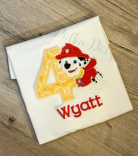 Dalmation Fireman Birthday Shirt, Fireman Marshall Custom kids Shirt, Puppy Fireman Shirt, Applique Embroidered T-Shirt, Personalized T-Shirt