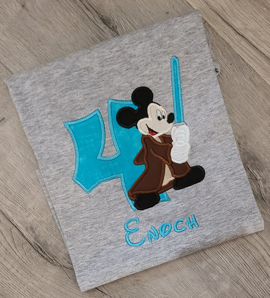 Jedi Mickey Birthday Shirt, Star Wars Mickey Custom kids Shirt, Number Shirt, Applique Embroidered T-Shirt, Personalized T-Shirt