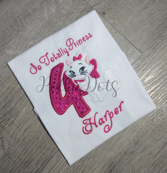 White Princess Kitty Birthday Shirt, Pretty in Pink Birthday Shirt, Marie Applique Embroidered T-Shirt, Personalized T-Shirt