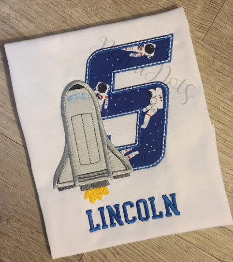 Rocket Birthday Shirt, Space Custom kids Shirt, Astronaut Number Birthday Shirt, Applique Embroidered T-Shirt, Personalized T-Shirt