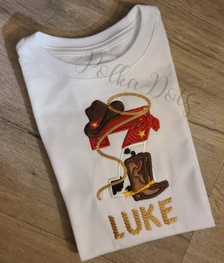Cowboy Number Birthday Shirt, Cowboy Custom kids Birthday Shirt, Cowboy Applique Embroidered T-Shirt, Personalized T-Shirt