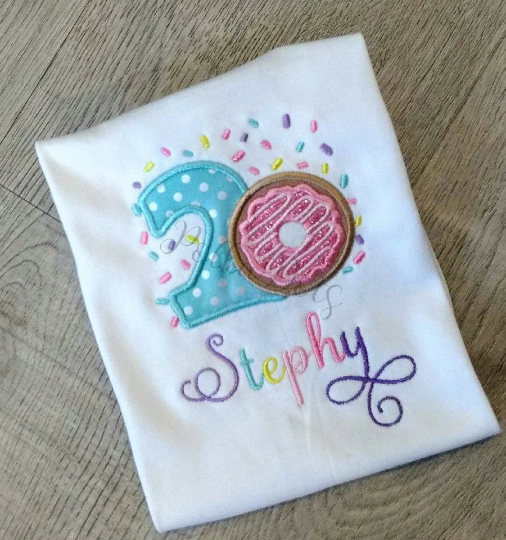 Donut Birthday Shirt, Donut Custom kids Shirt, Donut Applique Embroidered T-Shirt, Personalized T-Shirt