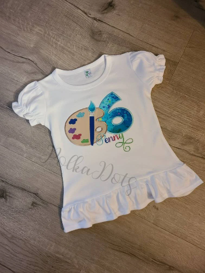 Art Birthday Shirt, Paint Palette Birthday Shirt, Painting Art Applique Embroidered T-Shirt, Personalized T-Shirt