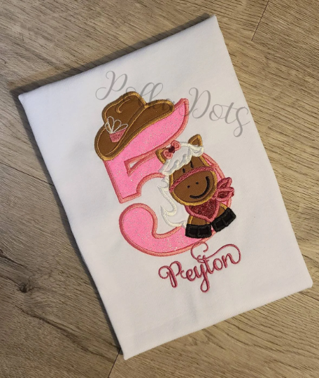Cowgirl Birthday Shirt, Horse kids Shirt, Horse and Cowgirl Hat Applique Embroidered T-Shirt, Personalized T-Shirt