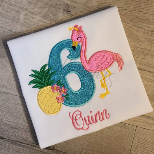 Pineapple Flamingo Birthday Shirt, Flamingo Custom kids Shirt, Pineapple Shirt, Applique Embroidered T-Shirt, Personalized T-Shirt