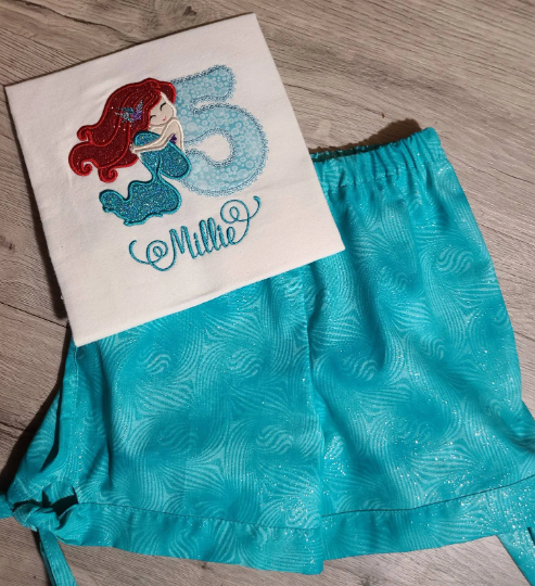 Mermaid Birthday Shirt and shorts, Glitter Mermaid Birthday Shirt,  Little Mermaid Birthday Shorts, Applique T-Shirt, Personalized T-Shirt