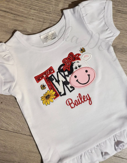 Two Cow Birthday Shirt, Two Shirt, Two Cow Applique Embroidered T-Shirt, Personalized T-Shirt