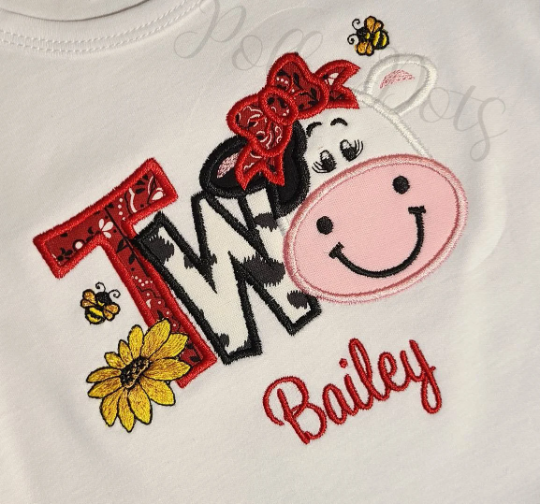 Two Cow Birthday Shirt, Two Shirt, Two Cow Applique Embroidered T-Shirt, Personalized T-Shirt