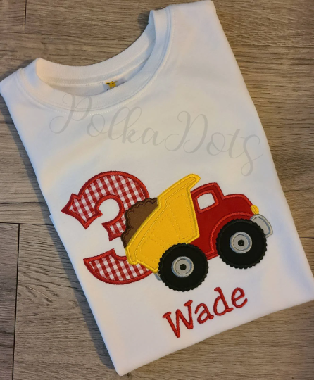 Dump Truck Birthday Shirt, Dump Truck Custom kids Shirt, Dump Truck Applique Embroidered T-Shirt, Personalized T-Shirt