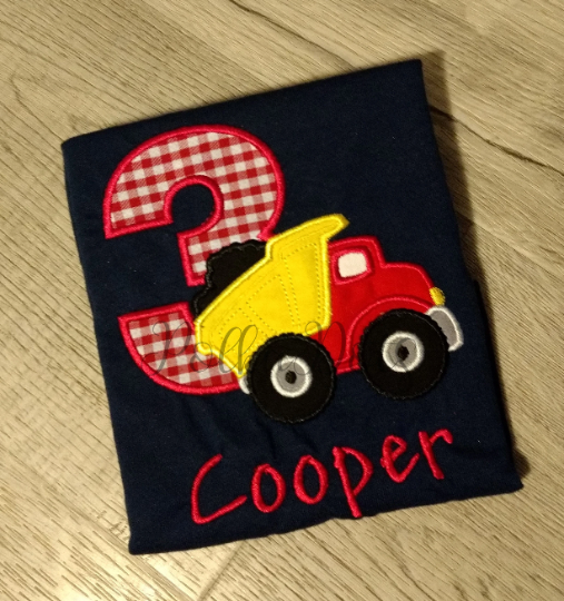 Dump Truck Birthday Shirt, Dump Truck Custom kids Shirt, Dump Truck Applique Embroidered T-Shirt, Personalized T-Shirt