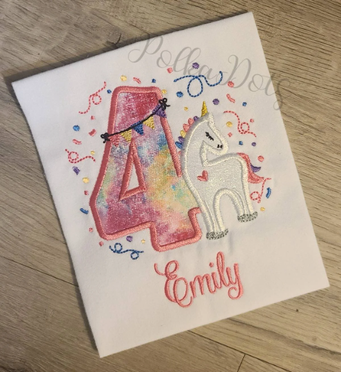Unicorn Birthday Shirt, Unicorn Applique Embroidered T-Shirt, Personalized T-Shirt