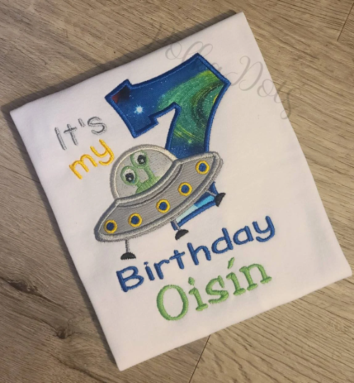 Alien Birthday Shirt, Spaceship Custom kids Birthday Shirt, Spaceship Applique Embroidered T-Shirt, Personalized T-Shirt