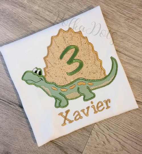 Dinosaur Birthday Shirt, Dimetrodon Custom kids Birthday Shirt, Applique Embroidered T-Shirt, Personalized T-Shirt