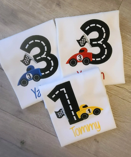 Race Car Birthday shirt, 2nd Race Car Birthday Shirt, Kids Custom Shirt, Applique Embroidered T-Shirt, Personalized T-Shirt