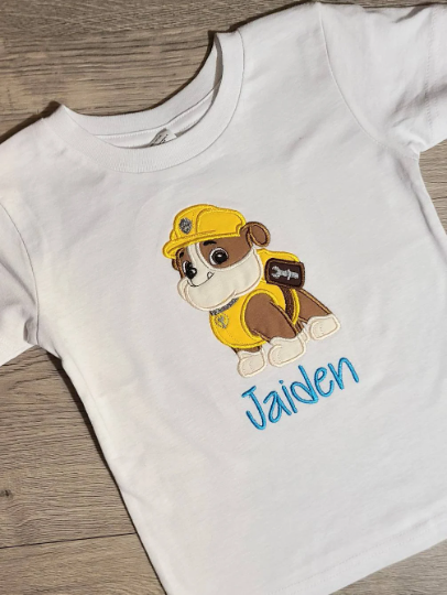 Rubble Applique Shirt, Rubble Embroidered Custom Kids Shirt, Paw Patrol Applique Embroidered T-Shirt, Personalized T-Shirt