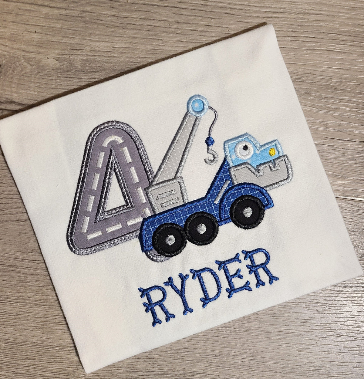 Dinosaur Birthday Shirt, Tow Truck Custom kids Shirt, Dinosaur Tow Truck mash Number Shirt, Applique Embroidered T-Shirt, Personalized T-Shirt