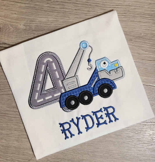 Dinosaur Birthday Shirt, Tow Truck Custom kids Shirt, Dinosaur Tow Truck mash Number Shirt, Applique Embroidered T-Shirt, Personalized T-Shirt