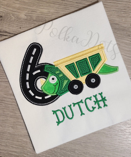 Dinosaur Birthday Shirt, Dump Truck Custom kids Shirt, Dinosaur Dump Truck mash Number Shirt, Applique Embroidered T-Shirt, Personalized T-Shirt